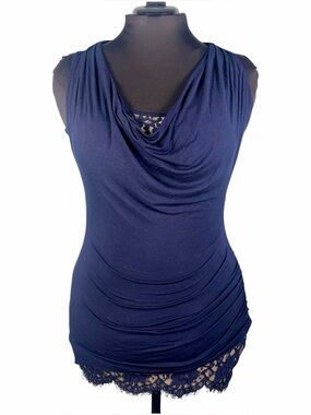 Women’s Navy Blue Bailey44 Asymmetrical Lace Hem Sleeveless Top Size Medium